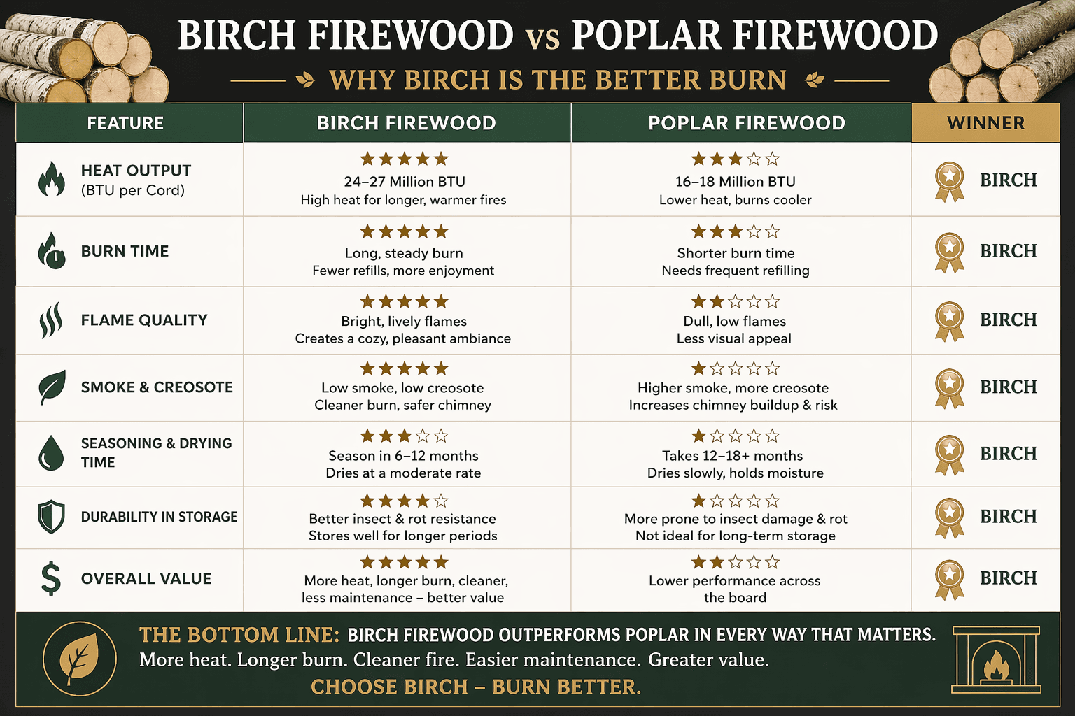 Comparison infographic titled "Birch Firewood vs Poplar Firewood – Why Birch Is the Better Burn." A seven-row table compares both wood types across key features, with Birch winning every category. Heat Output: Birch 24–27 Million BTU (5 stars) vs Poplar 16–18 Million BTU (3 stars). Burn Time: Birch offers a long, steady burn with fewer refills (5 stars) vs Poplar's shorter burn needing frequent refilling (3 stars). Flame Quality: Birch produces bright, lively flames for a cozy ambiance (5 stars) vs Poplar's dull, low flames (2 stars). Smoke & Creosote: Birch has low smoke and low creosote for a safer chimney (5 stars) vs Poplar's higher smoke and chimney buildup risk (1 star). Seasoning & Drying Time: Birch seasons in 6–12 months (3 stars) vs Poplar's 12–18+ months (1 star). Durability in Storage: Birch resists insects and rot and stores well (4 stars) vs Poplar which is prone to damage and not ideal for long-term storage (1 star). Overall Value: Birch delivers more heat, longer burn, cleaner fire, and less maintenance (5 stars) vs Poplar's lower performance across the board (2 stars). The bottom line reads: "Birch firewood outperforms poplar in every way that matters. More heat. Longer burn. Cleaner fire. Easier maintenance. Greater value. Choose Birch – Burn Better."